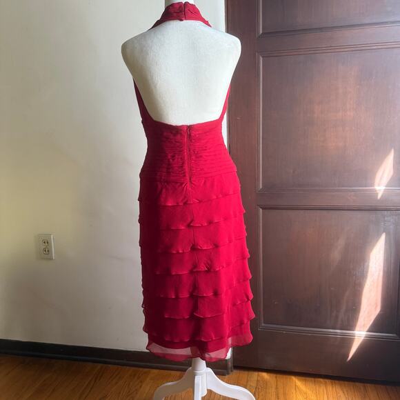 TADASHI SHOJI Red Silk Chiffon Ruffle Skirt Halter Sheath Cocktail Dress Medium - Picture 3 of 8